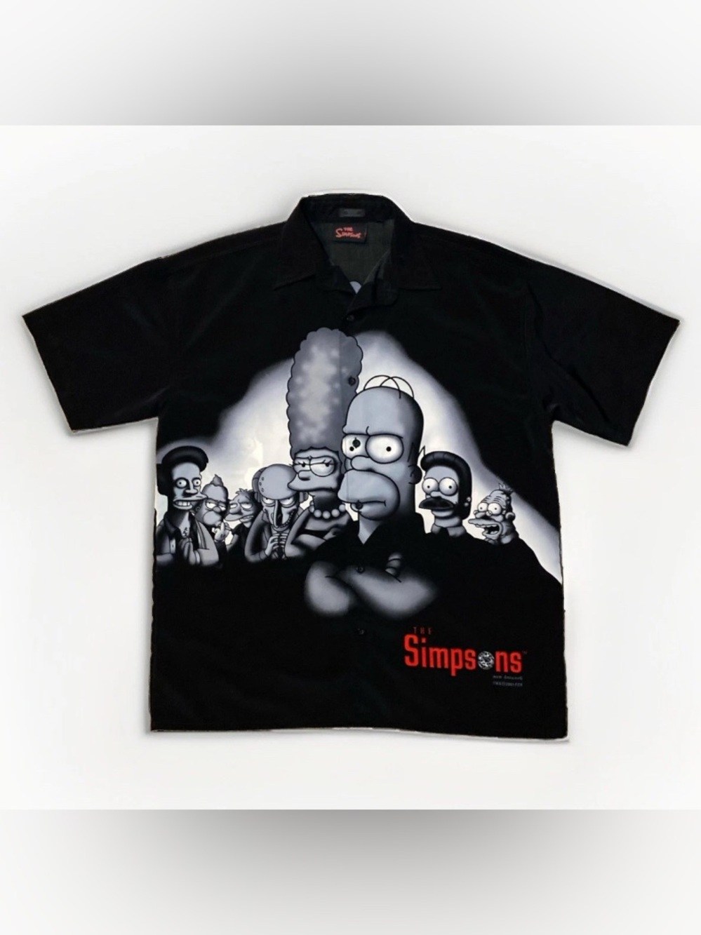VINTAGE The Simpsons Shirt Mens Medium Black White Button Up Sopranos Homer 2001